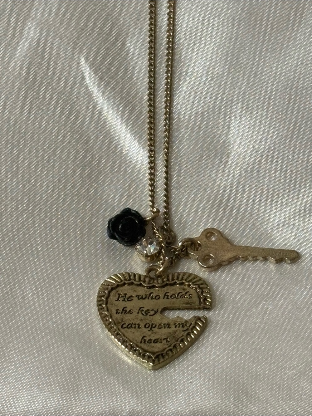 Gold Heart Key Pendant Necklace with Black Rose Charm
